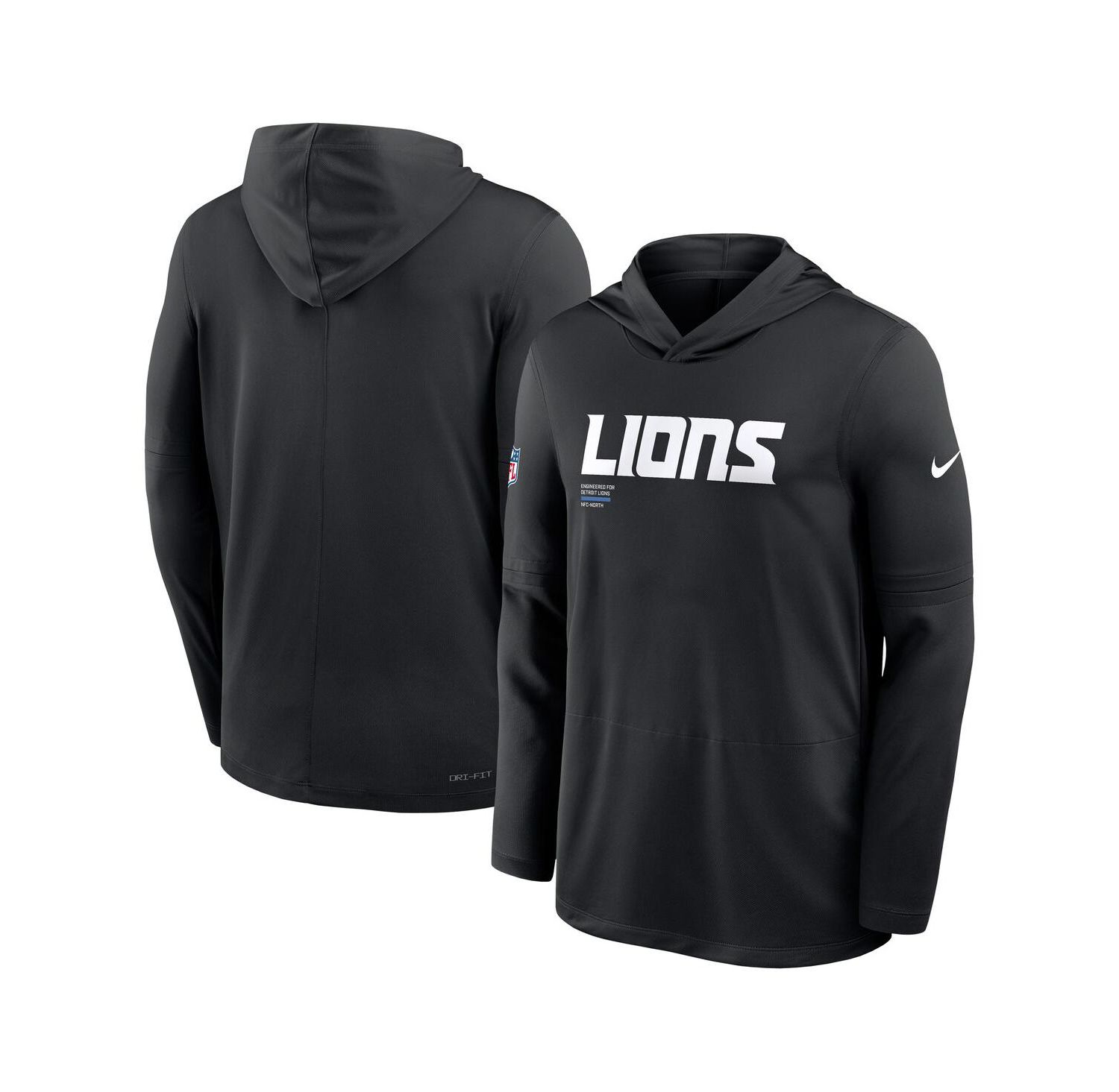 Men's Black Detroit Lions Big & Tall Sideline Performance Long Sleeve Hoodie T-Shirt