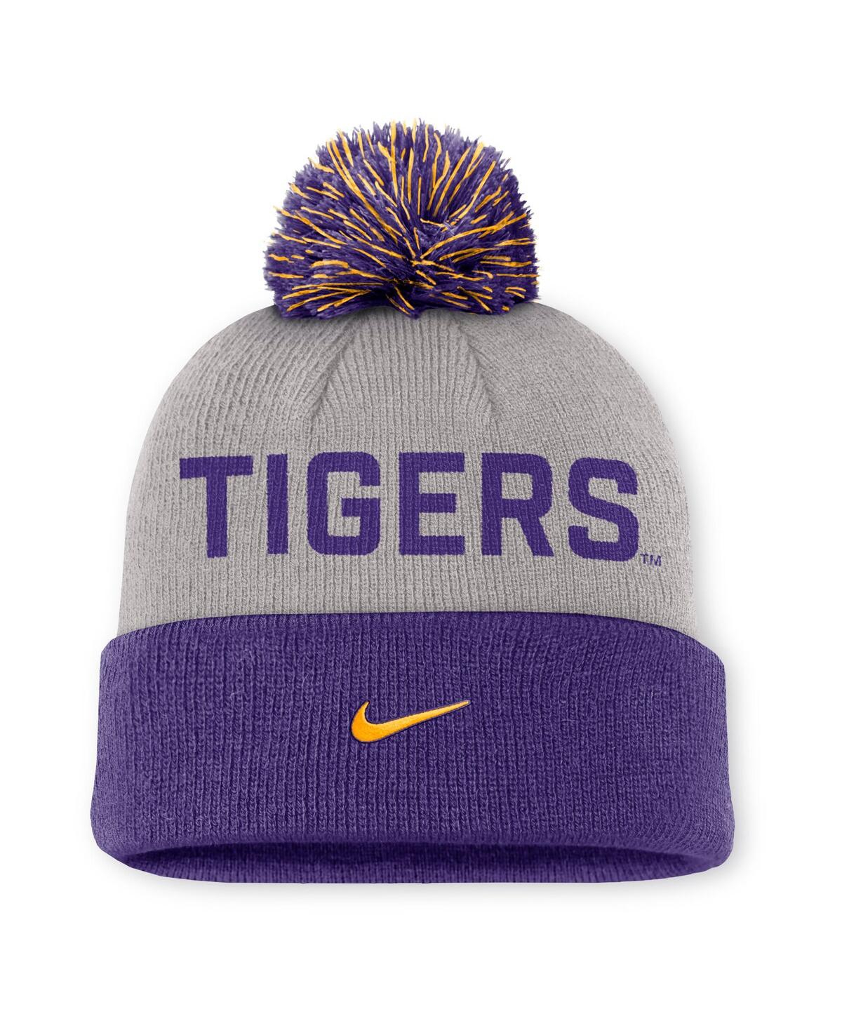 Nike Men's Gray/purple Lsu Tigers Primetime Peak Cuffed Knit With Pom Hat In Purple