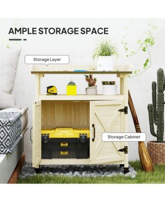 Outdoor Potting Bench with Storage, Wheels, Natural Wood