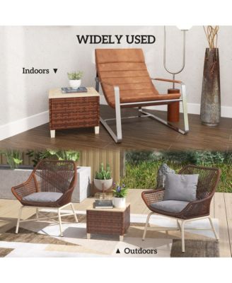 Outdoor Side Table with PE Rat, Patio End Table with Wood Top