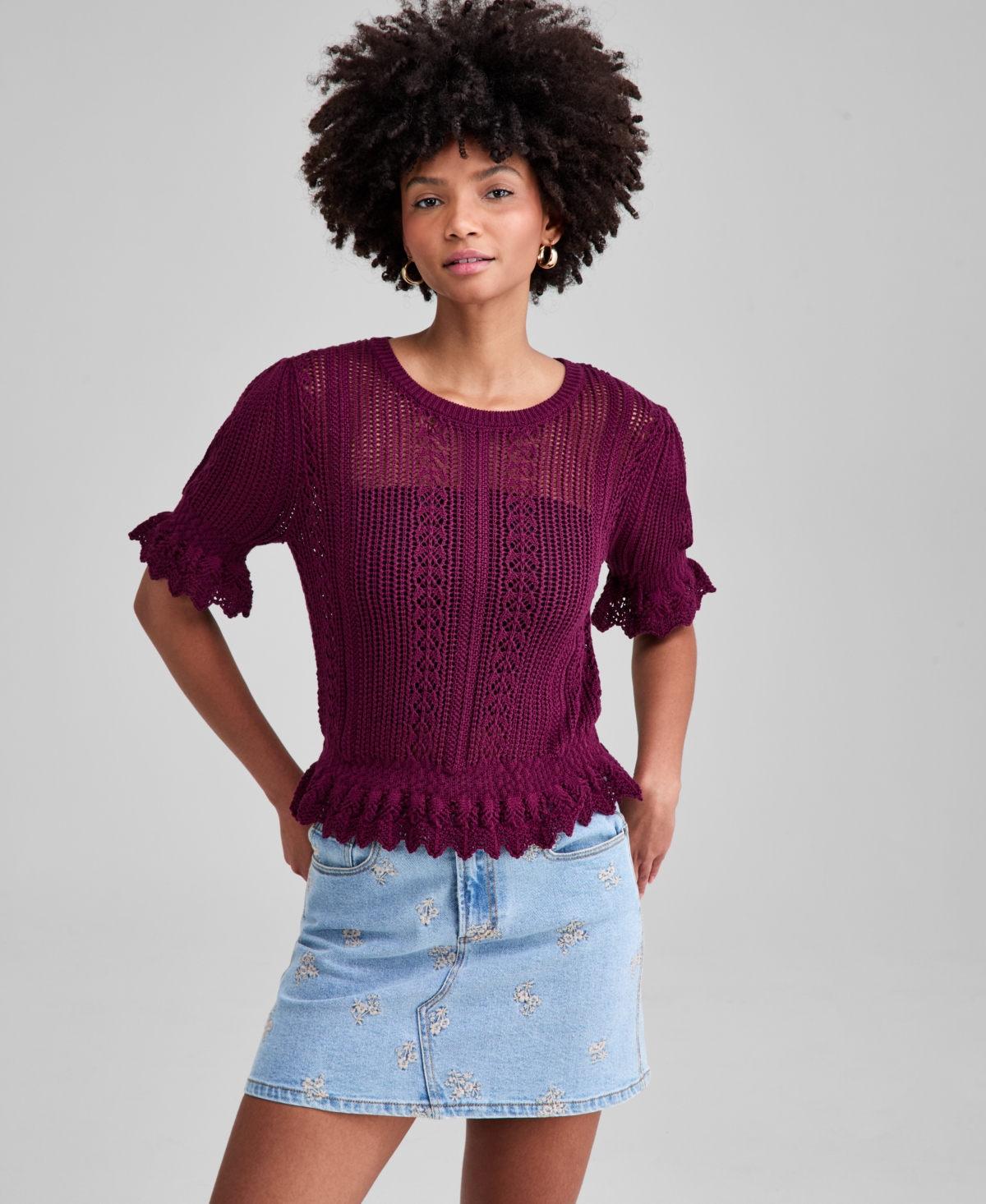 And Now This Women's Round-neck Open-knit Sweater, Macy's Exclusive In Burgundy