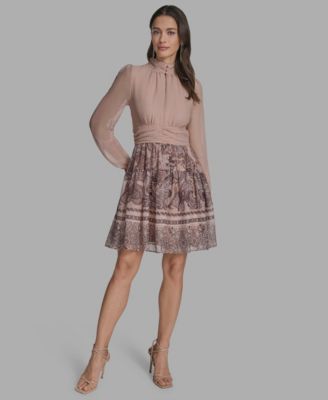 BCBG - Women's Mock-Neck Long-Sleeve Chiffon Shift Dress
