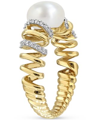 Cultured Freshwater Pearl (8-8.5mm) & Diamond (1/6 ct. t.w.) Ring in 10k Yellow Gold