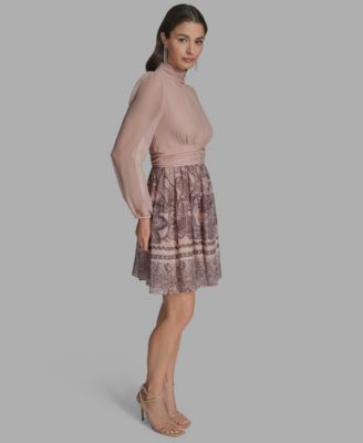 Women's Mock-Neck Long-Sleeve Chiffon Fit & Flare Dress