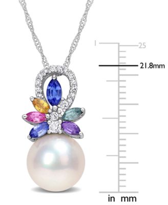 Cultured Freshwater Pearl (9-1/2mm), Multi-Sapphire (7/8 ct. t.w.) & Diamond (1/20 ct. t.w.) 17" Pendant Necklace in 14k White Gold