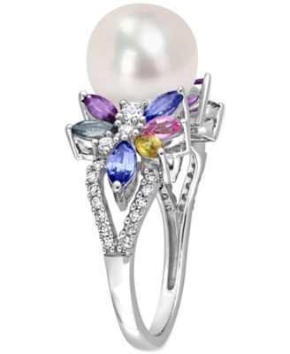 Cultured Freshwater Pearl (9mm), Multi-Sapphire (1-5/8 ct. t.w.) & Diamond (1/8 ct. t.w.) Ring in 14k White Gold