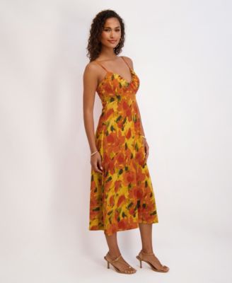 Women's Printed Satin Sleeveless V-Neck Maxi Dress