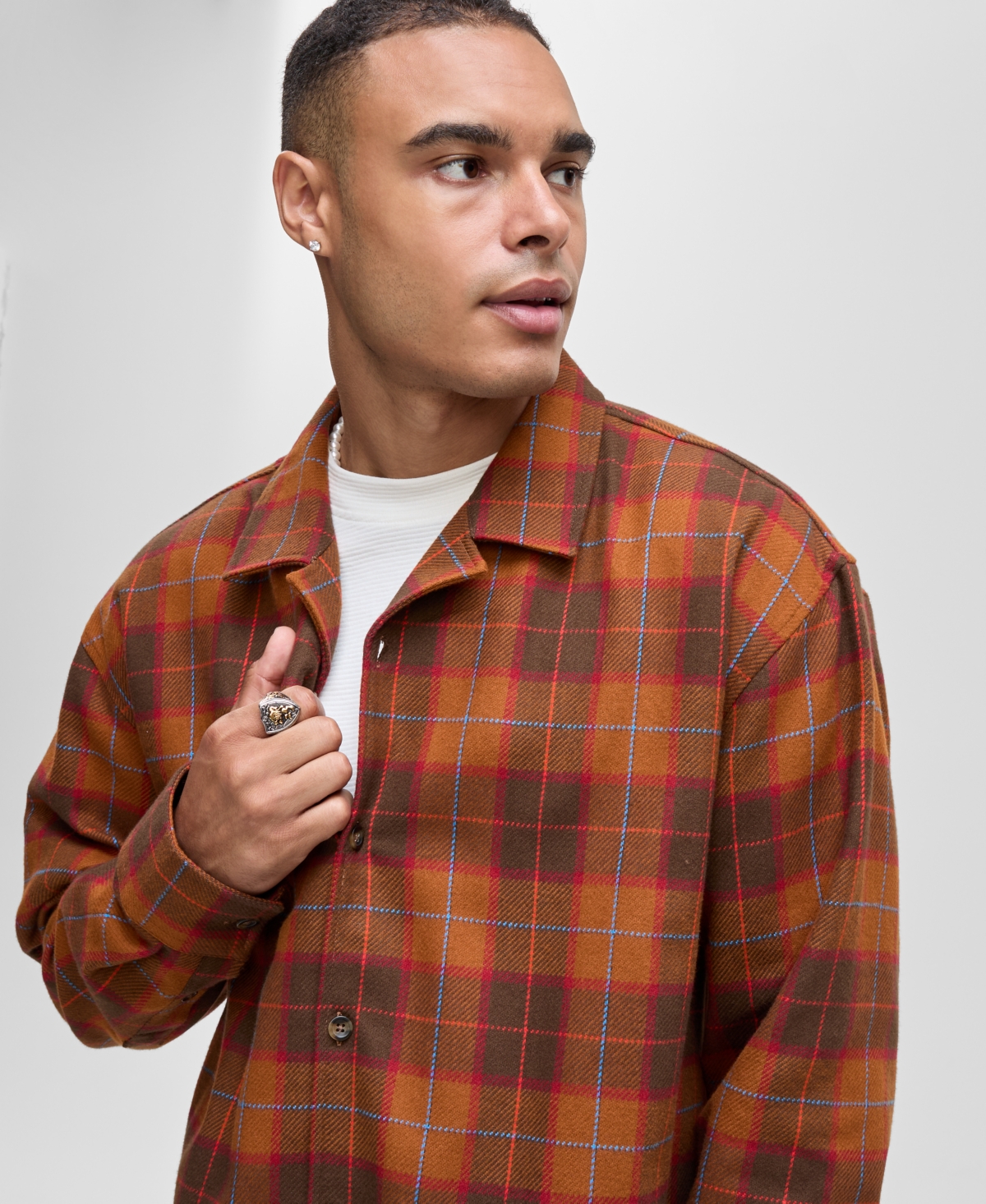 Mode Of One Men's Relaxed-fit Camp-collar Plaid Flannel Shirt, Macy's Exclusive In Orange