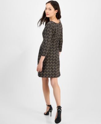Petite Printed Round-Neck 3/4-Sleeve Dress