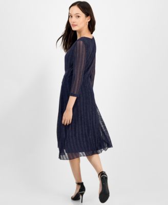 Petite Mesh Tie-Waist 3/4-Sleeve Midi Dress