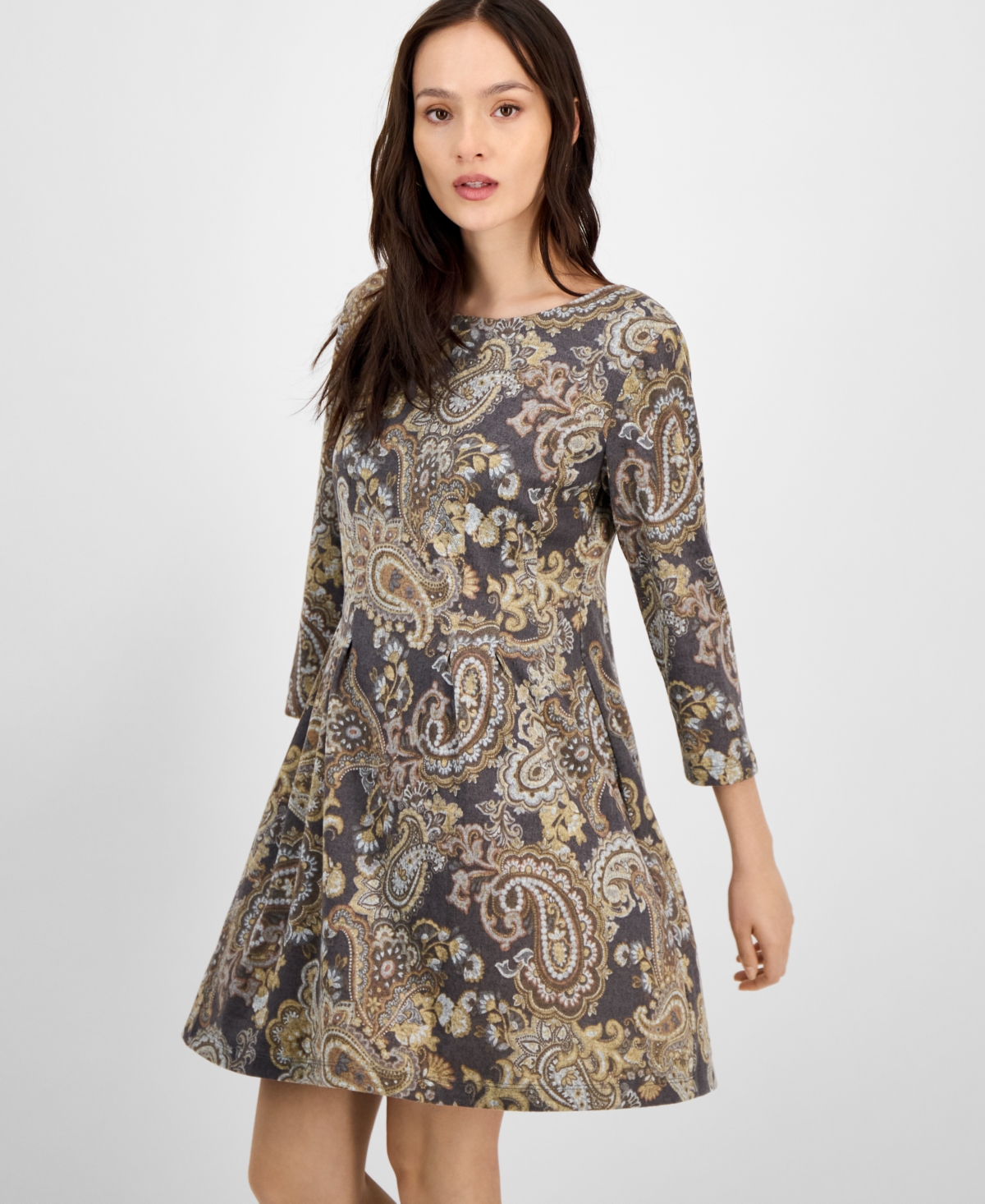 Connected Petite Printed Round-Neck 3/4-Sleeve Dress