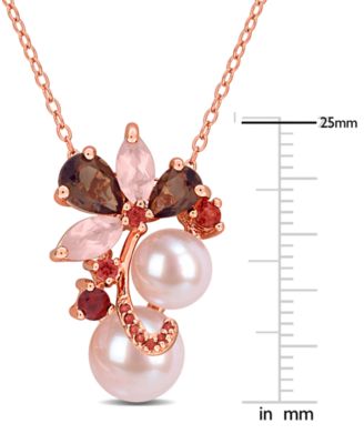 Pink Cultured Freshwater Pearl (7 & 8-1/2mm) & Multi-Gemstone (1 ct. t.w. Smokey Quartz; 3/4 ct. t.w. Rose Quartz; 3/8 ct. t.w. Garnet) Cluster 18" Pendant Necklace in 18k Rose Gold Flash-Plated Sterling Silver