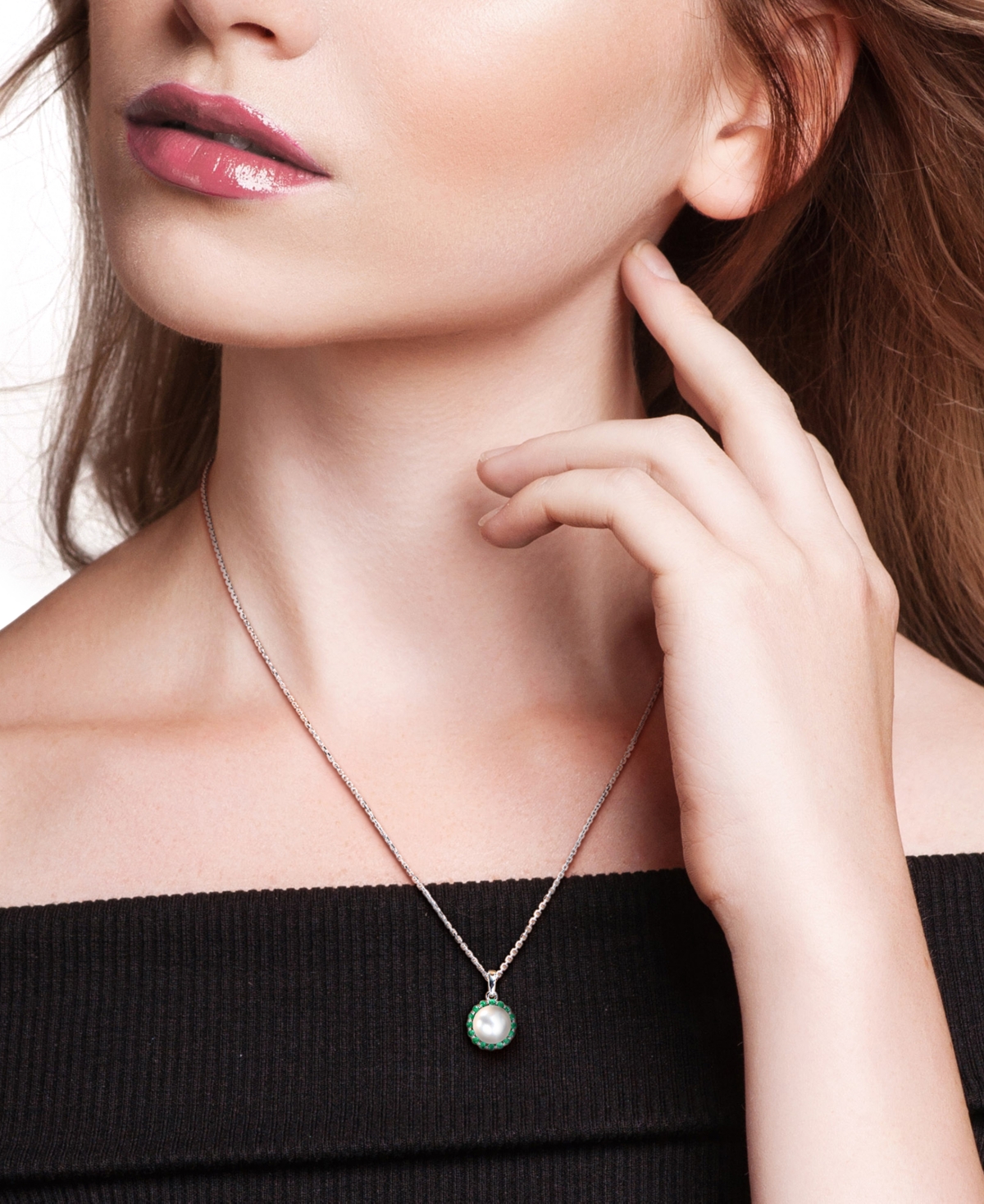 Cultured Freshwater Pearl (8mm) & Emerald (1/3 ct. t.w.) 18" Pendant Necklace in Sterling Silver