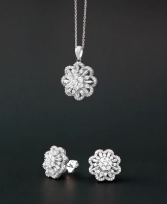 Wrapped In Love Diamond Round Baguette Floral Pendant Necklace Matching Stud Earrings Collection In 14k White Gold E In Gold