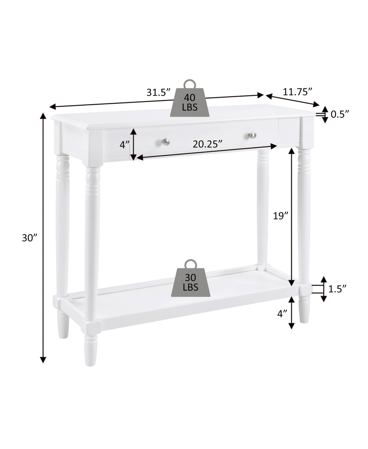 Convenience Concepts 11.75" Wood French Country Manor No Tools 1-drawer Hall Entryway Table In White