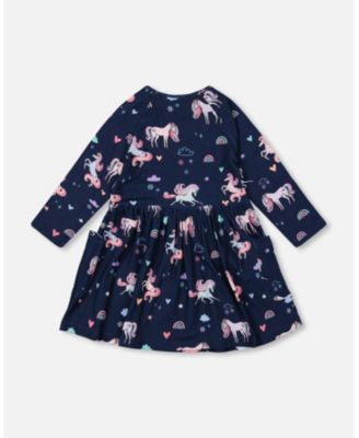 Girl Jersey Dress with Pockets Navy Unicorn Print - Child