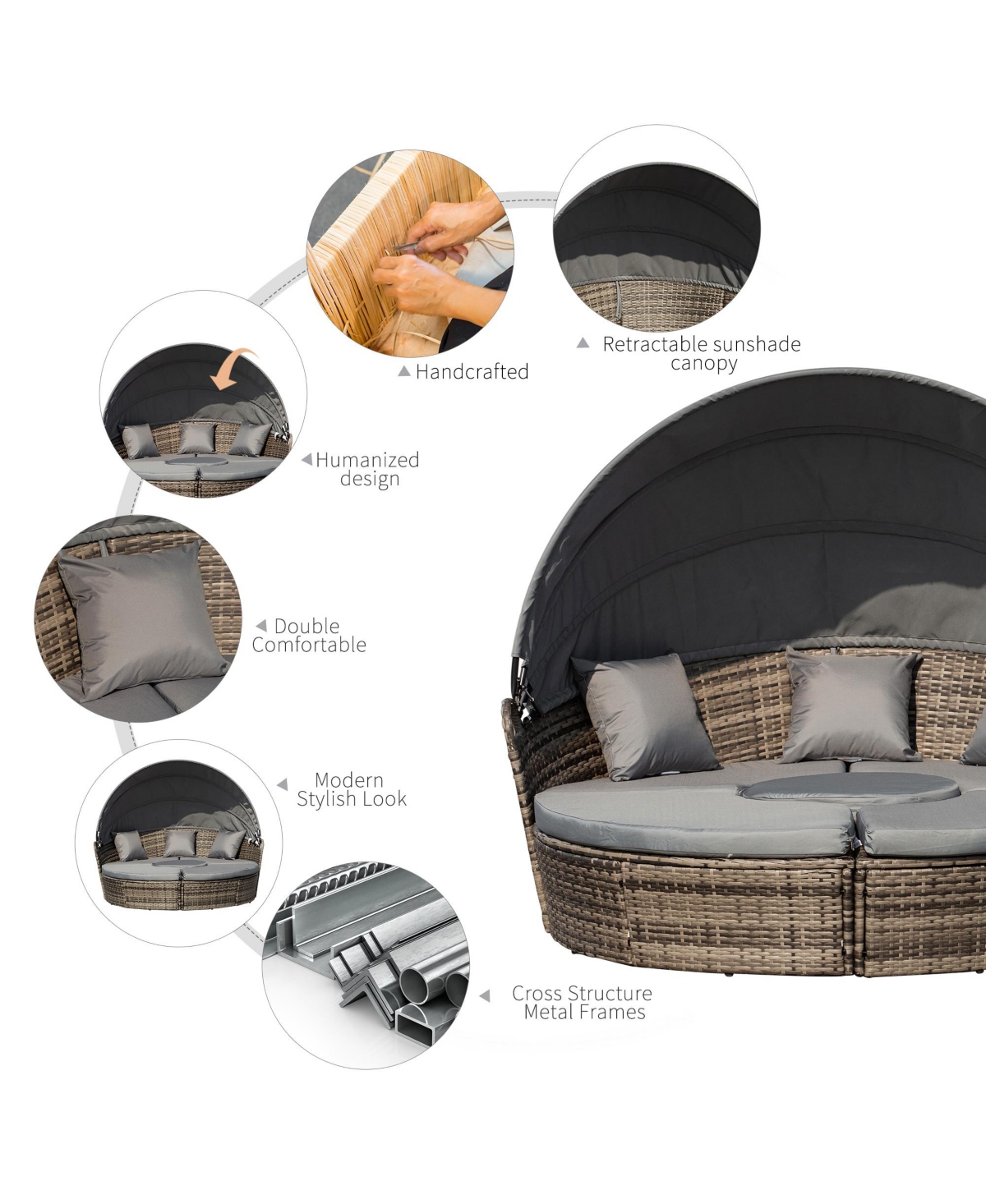 Outsunny 4pc Rattan Patio Furniture Set, Round Convertible Daybed or Sunbed, Adjustable Sun Canopy, Sectional Outdoor Sofa, 2 Chairs, Table, 3 Pillows