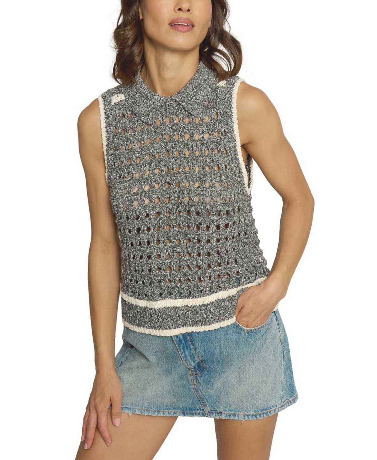 Women's Sleeveless Cropped Open Stitch Top - Black