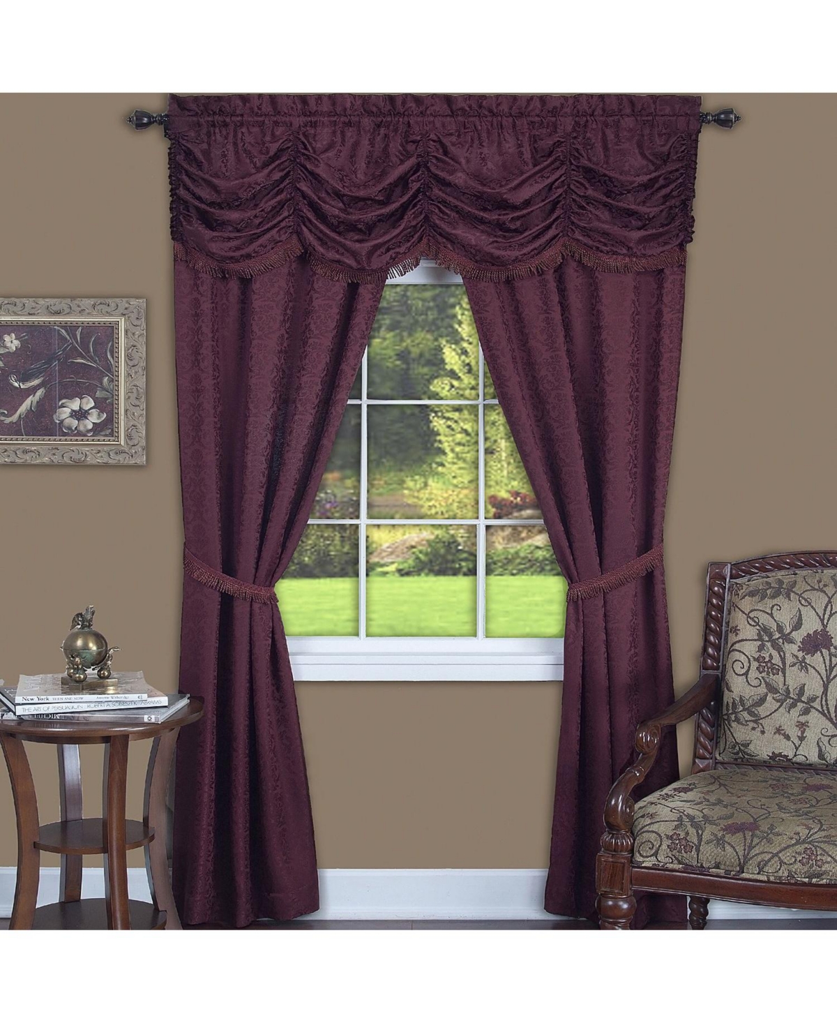 Kate Aurora Jacquard Damask Curtains With An Attached Austrian Valance & Tiebacks