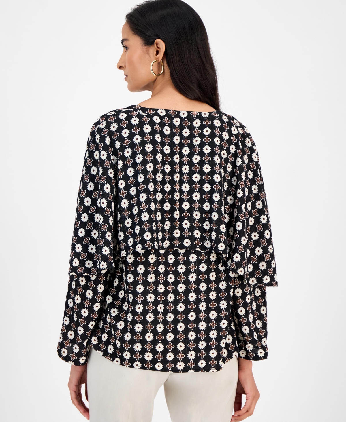 Jm Collection Plus Size Printed V-neck Long-sleeve Top In Black