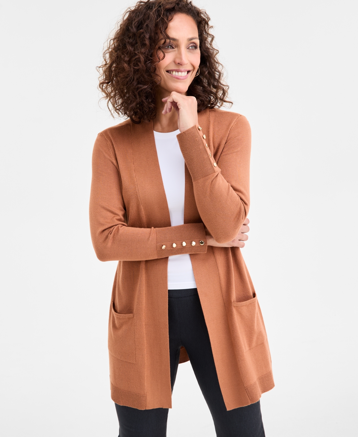 Jm Collection Women's Button-sleeve Flyaway Cardigan Sweater In Brown