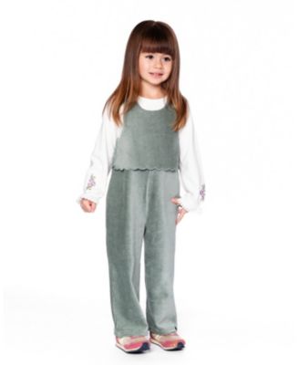 Big Girls Stretch Velour Faux-Layered Overalls Jade Green