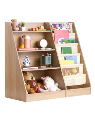 4-Tier Wooden Kids Bookshelf with 6-Layer Sling Rack for Books and Toy Storage