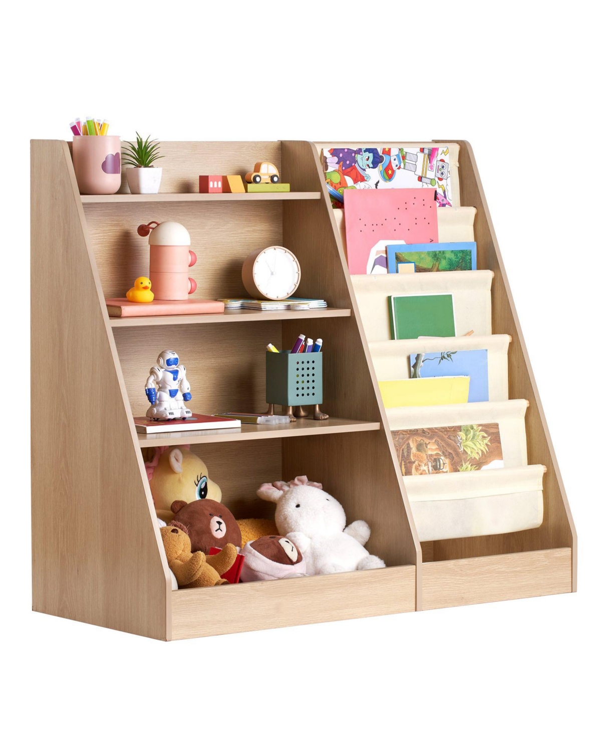 4-Tier Wooden Kids Bookshelf with 6-Layer Sling Rack for Books and Toy Storage