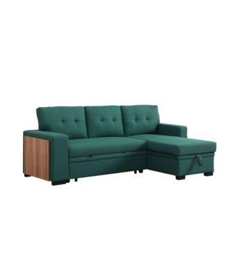 3-Piece Linen Sectional Sofa with Pull-Out Sleeper, Storage Chaise & Cup Holder,Green