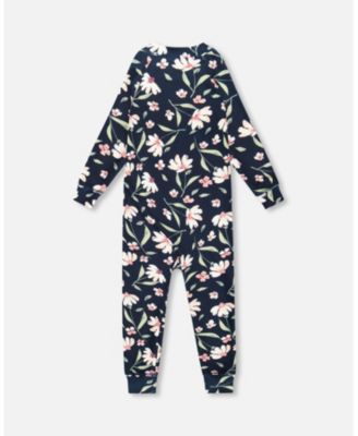 Girl One-Piece Thermal Underwear Navy Flower Print - Child