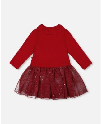Toddler Girls Bi-Material Dress with Glittering Skirt Red - Toddler|Child