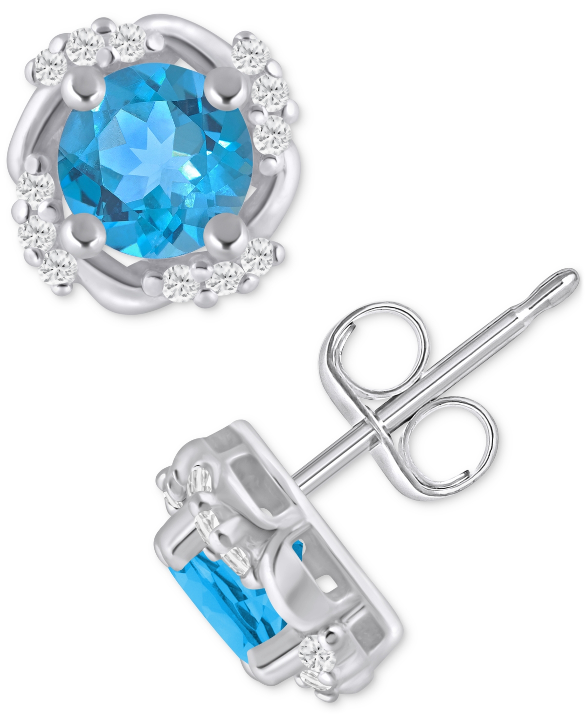 Macy's Gemstone And Diamond Framed 1/3" Stud Earrings In 14k Yellow Gold (also In 14k White Gold) In Blue