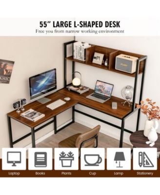 Industrial L-Shaped Desk Bookshelf 55 Inch Corner Computer Gaming Table