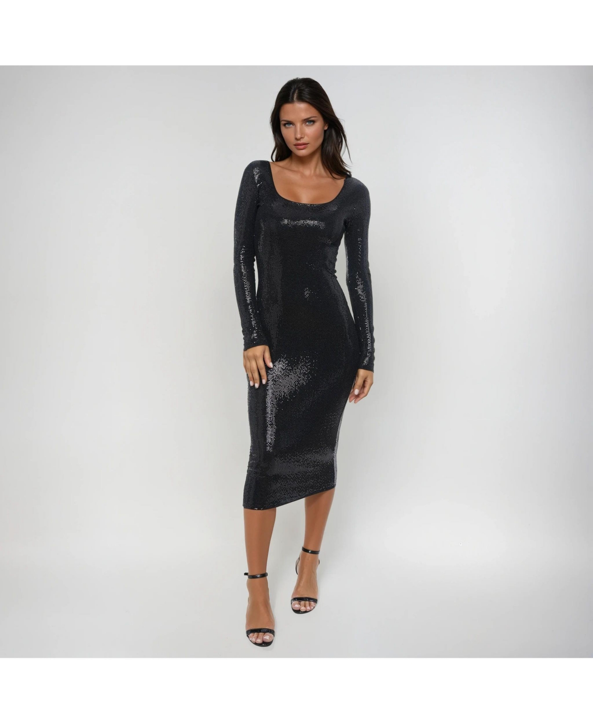 Women's Long Sleeve Square Neck Disco Dot Maxi Dress - Black