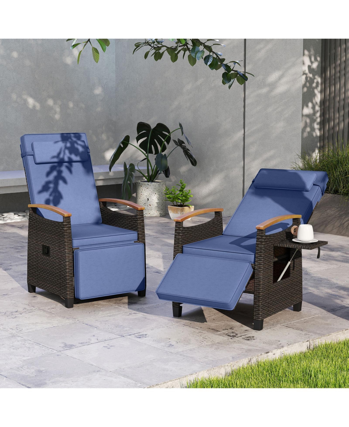 Gymax 2PCS Patio Rattan Lounge Chair Pe Wicker Recliner Chair w/ Adjustable Backrest & Footrest