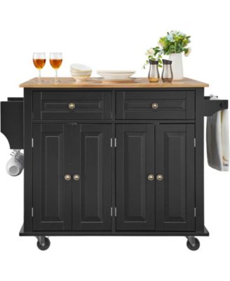 Mobile Kitchen Cart with Solid Wood Top, Storage Cabinet, Spice and Towel Rack