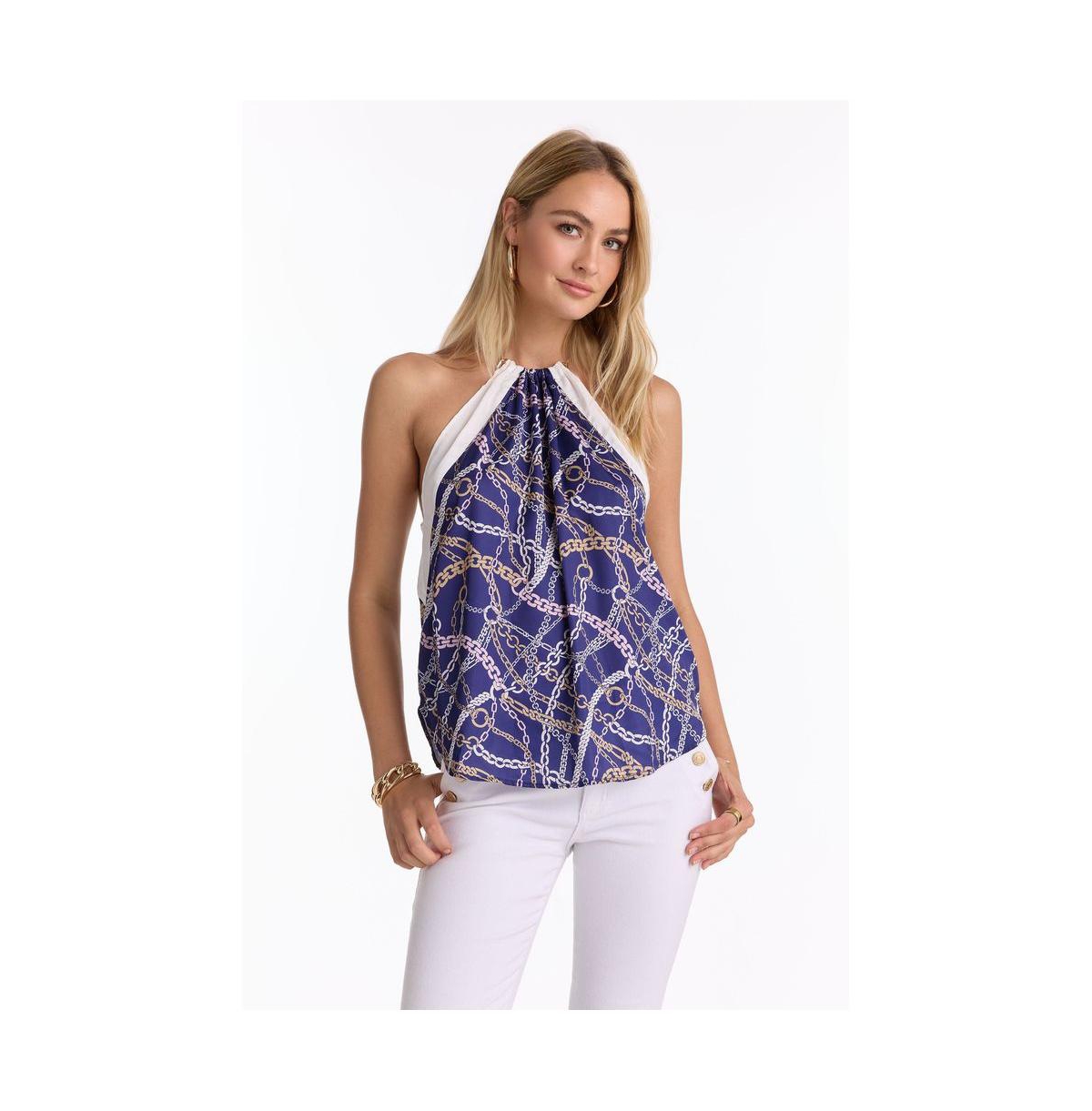 Women's Mika Silky Halter Top - Pink Chain - Navy chain
