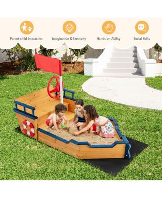 Toddler Pirate Boat Wooden Sandbox Non-Woven Fabric Liner Children Outdoor Playset