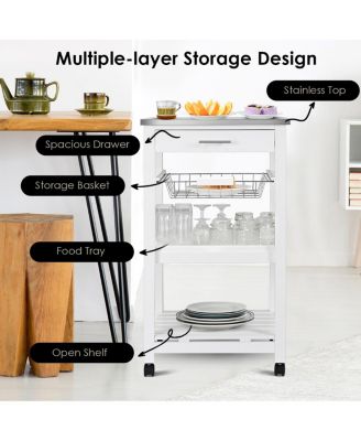 Kitchen Island Cart with Stainless Steel Tabletop and Basket