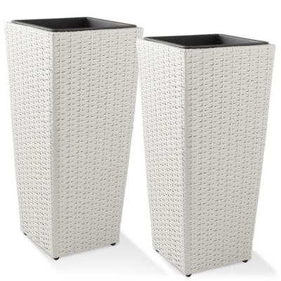 All-Weather Outdoor Planters with Liners - Set of 2, Tall Tapered Plant Boxes with Flower Pots for Front Porch, Patio, Garden - White