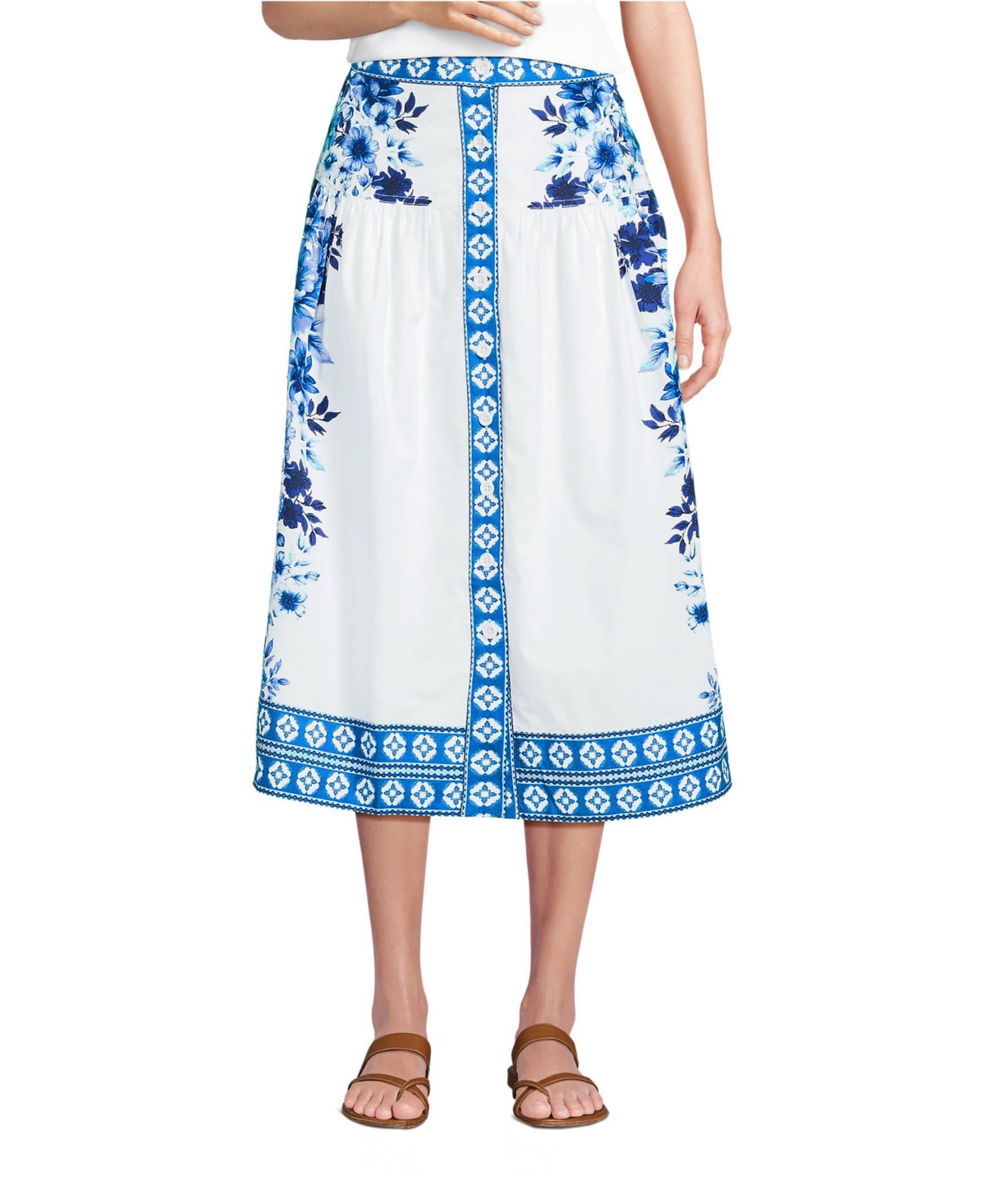 Women's Poplin Border Print Midi Skirt - Set Bottom - Blue/white floral mosaic