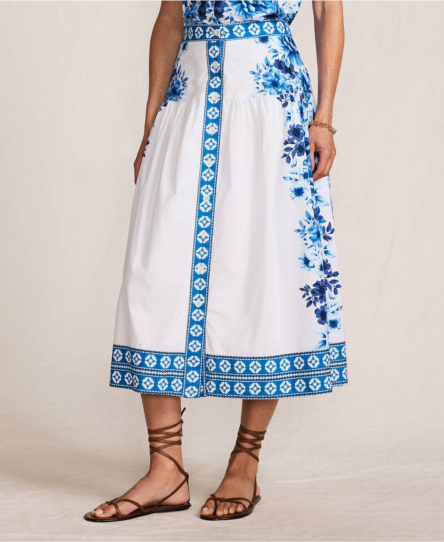 Women's Poplin Border Print Midi Skirt - Set Bottom