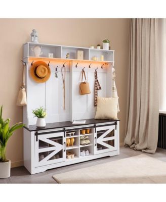 LED Hall Tree Bench with Shoe Storage, 12 Hooks, Shelves, and Seating for Entryway