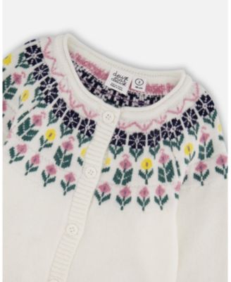Baby Girl Jacquard Knit Cardigan Off-White with Floral Pattern - Baby