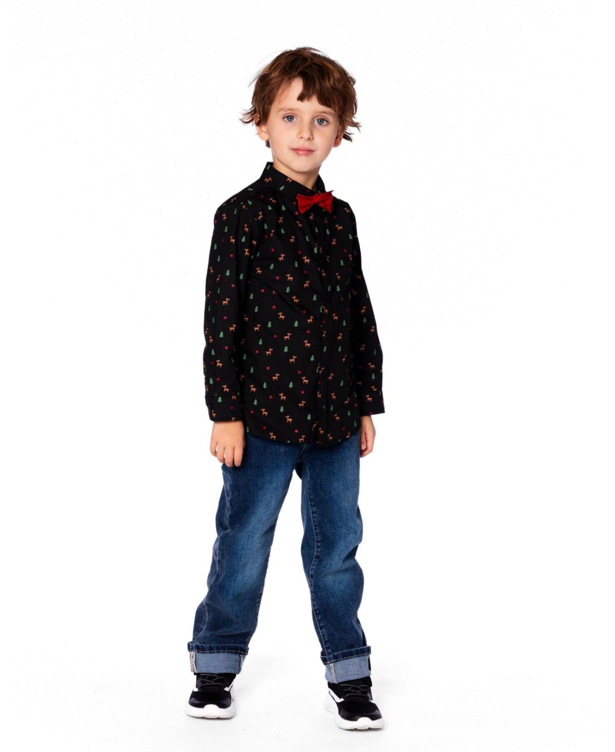 Deux par Baby Boy Printed Poplin Shirt Black and Multicolor with Bow Tie
