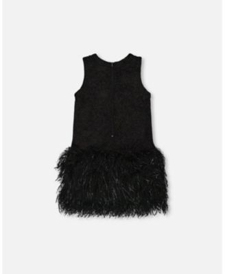Big Girls Sleeveless Bi-Material Lurex Dress with Feathers Black
