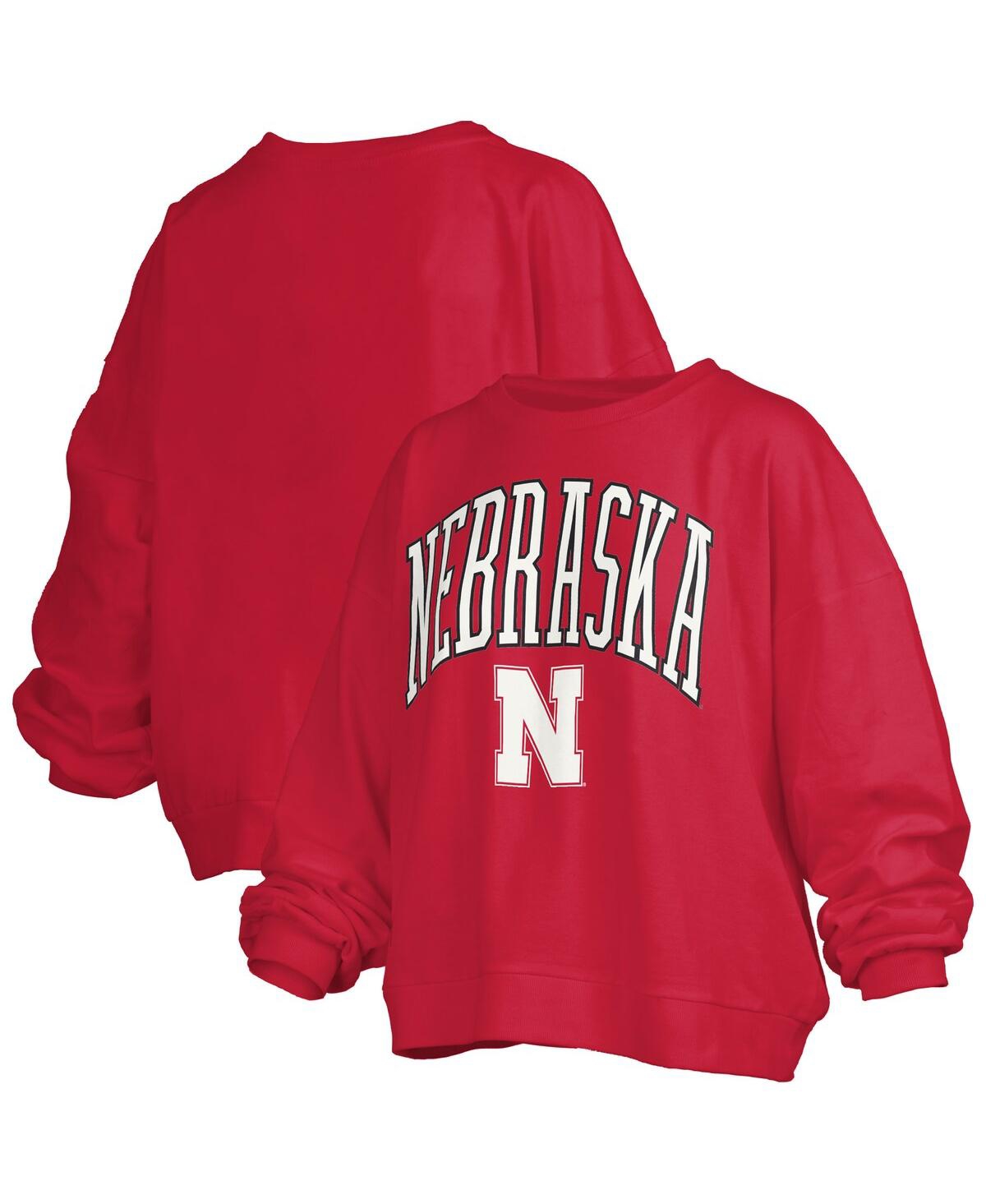Women's Scarlet Nebraska Huskers Janise Arch Over Logo Waist Length Oversized Pullover Sweatshirt - Scarlet
