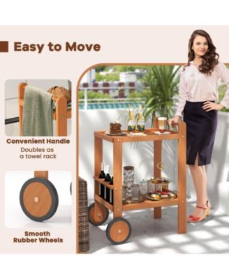 2 Tier Rolling Serving Cart with Wine Bottle Holders and 2 Rubber Wheels
