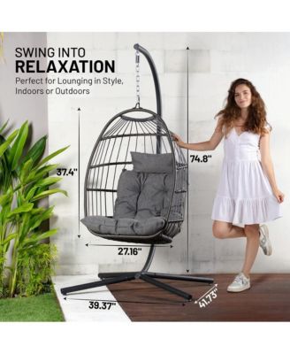 Foldable Egg Chair - Rattan Wicker Hanging Egg Swing Chair with Stand, Waterproof Seat Cushion,, and Headrest for Patio, Bedroom, Porch, and Garden (Deep Gray)