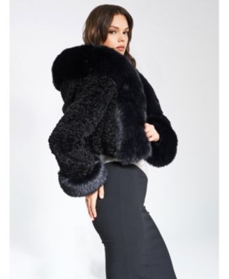 Women's Kali Black Cropped Faux Fur Jacket With Hood